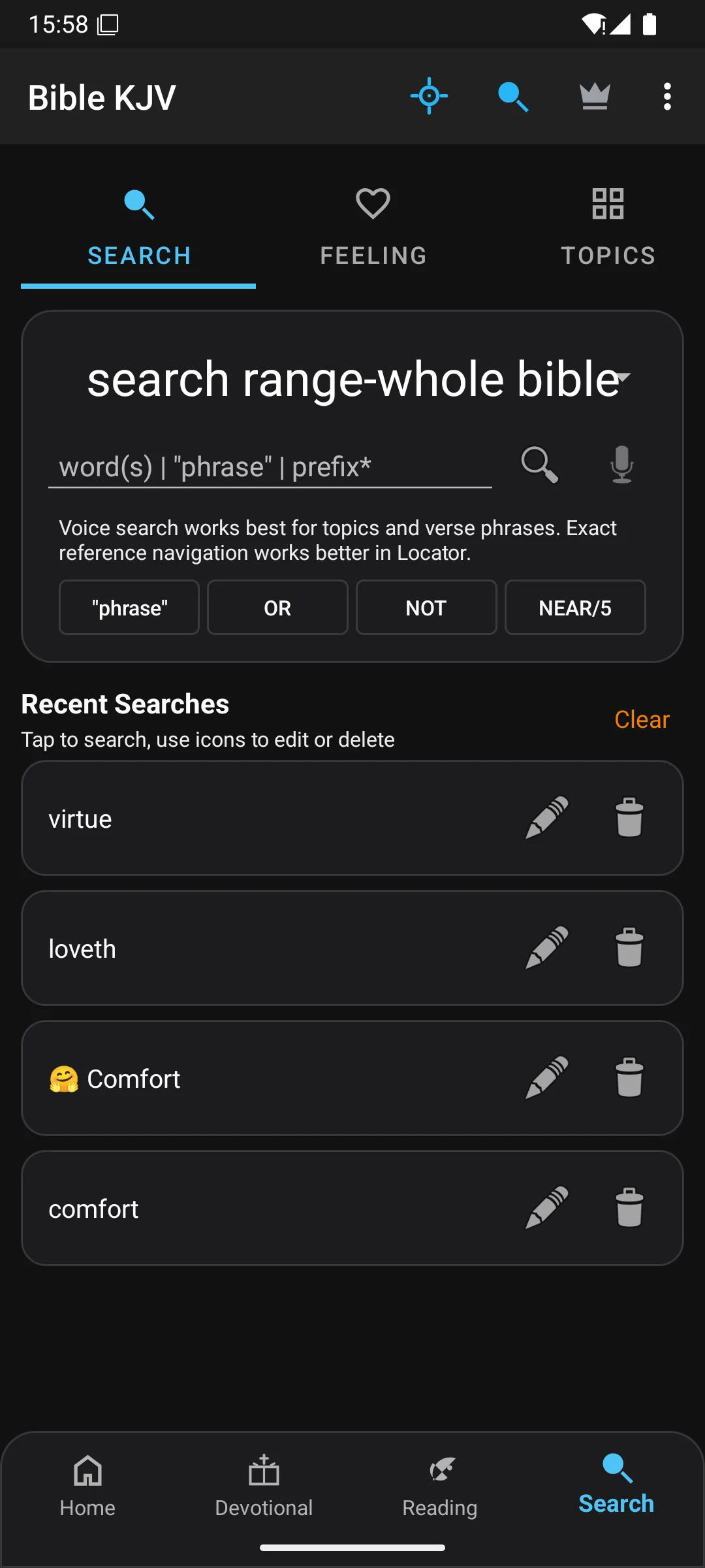 Bible search home screen in the KJV app