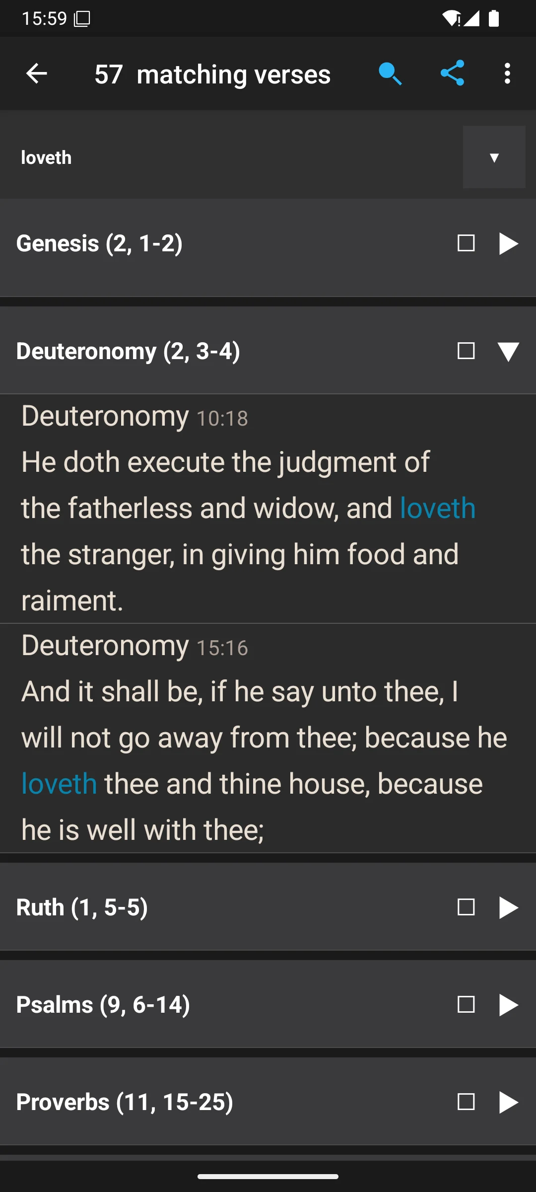 Bible search results screen in the KJV app