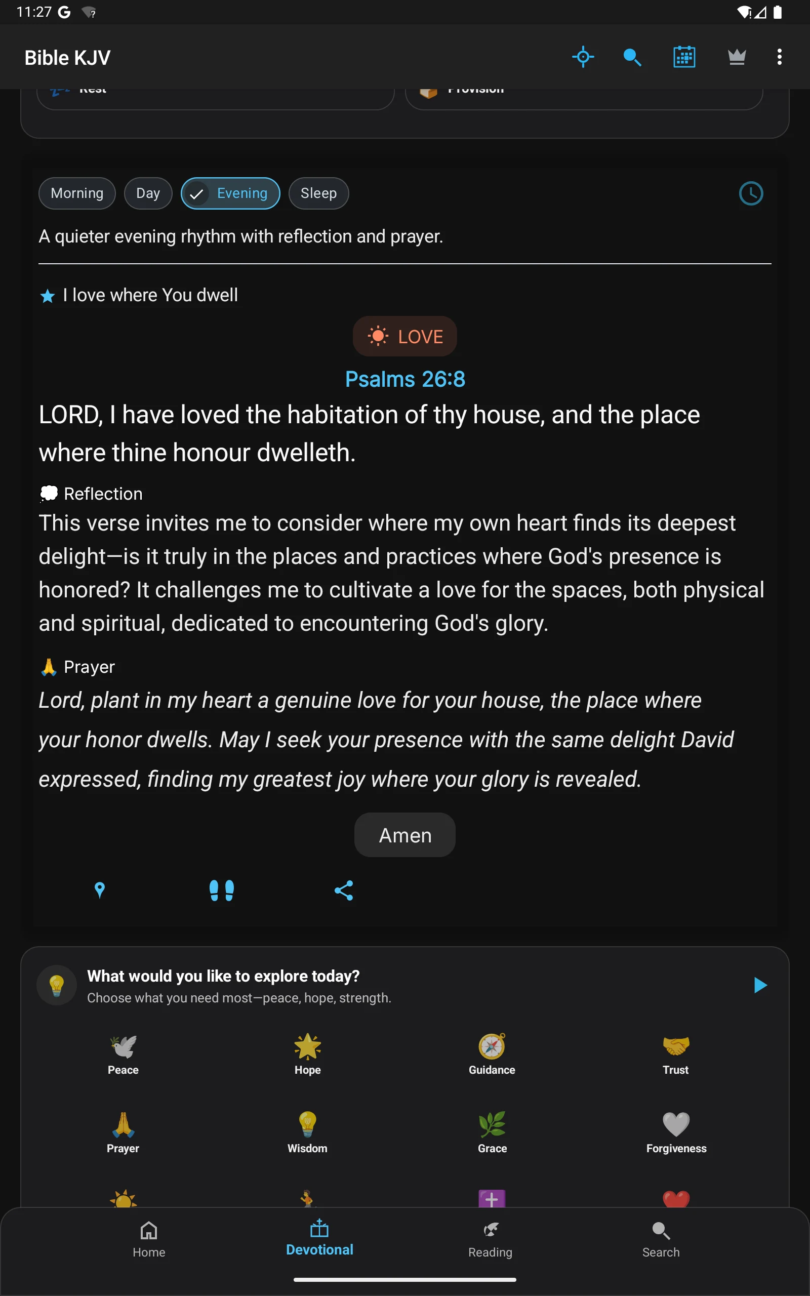 Evening verse of the day screen in the KJV app