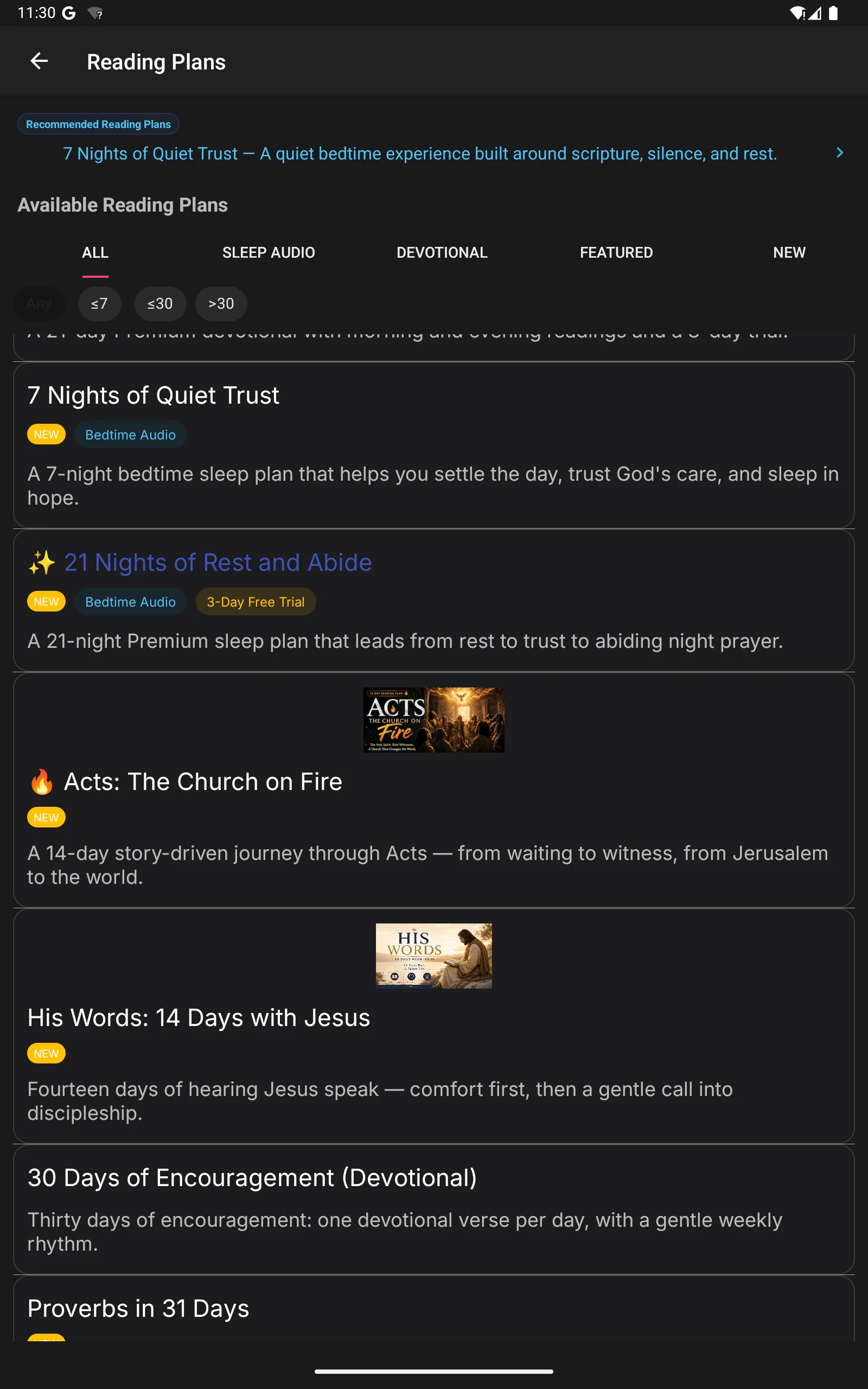 Reading plan list in the KJV app