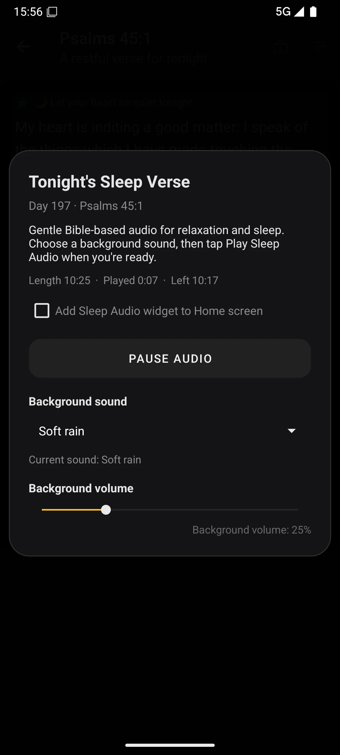 Sleep audio player screen in the KJV app