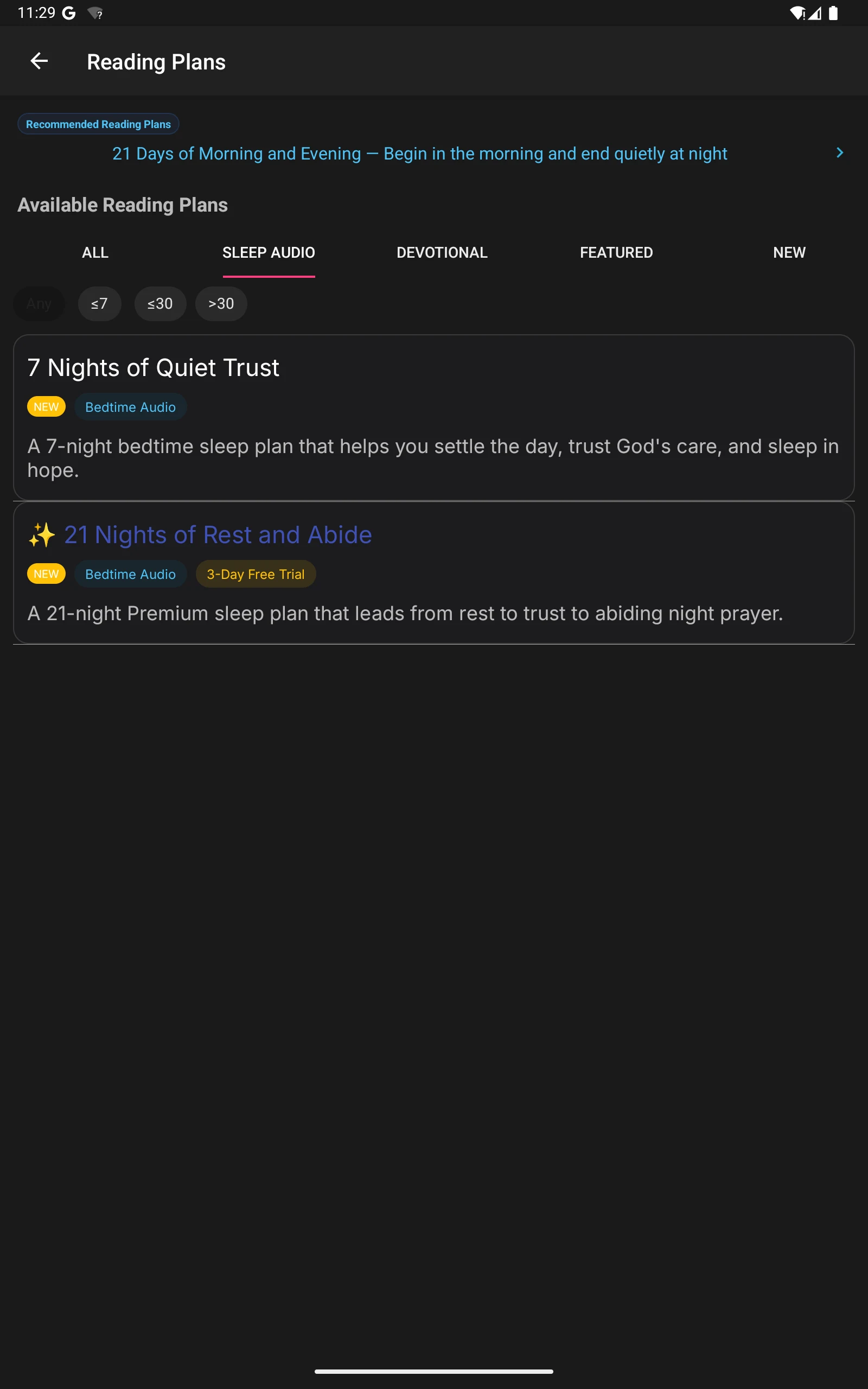 Sleep audio plan list in the KJV app
